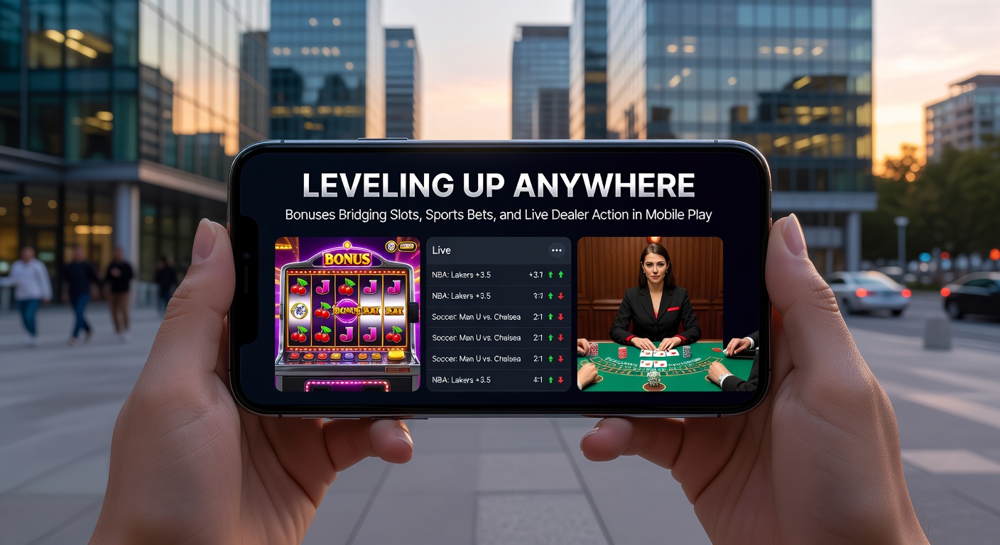 Mobile Gaming-Szene mit Slots, Sportwetten und Live-Dealer auf Smartphone-Bildschirm, die durch Bonus-Icons verbunden werden