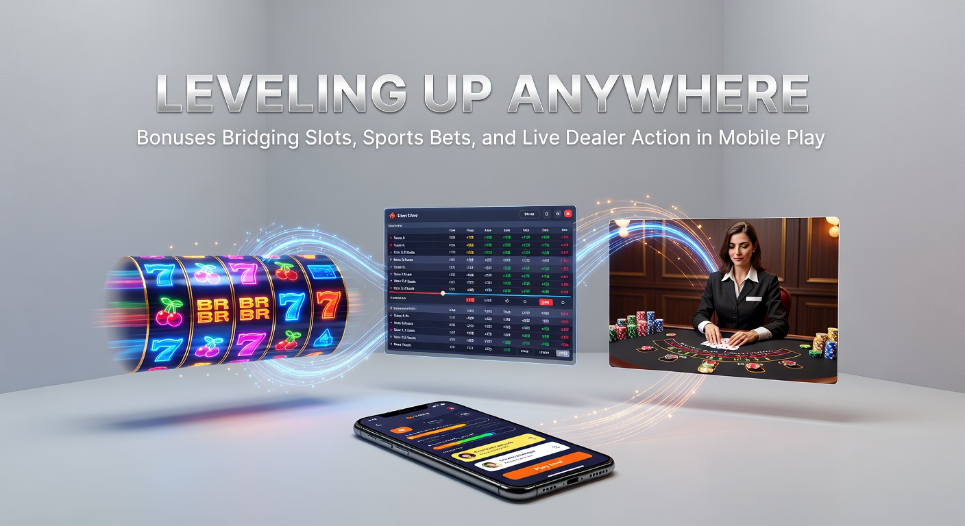 Nahaufnahme eines Smartphones mit simultanen Slots, Sportwetten-Ticker und Live-Dealer-Tisch, verbunden durch leuchtende Bonus-Pfade